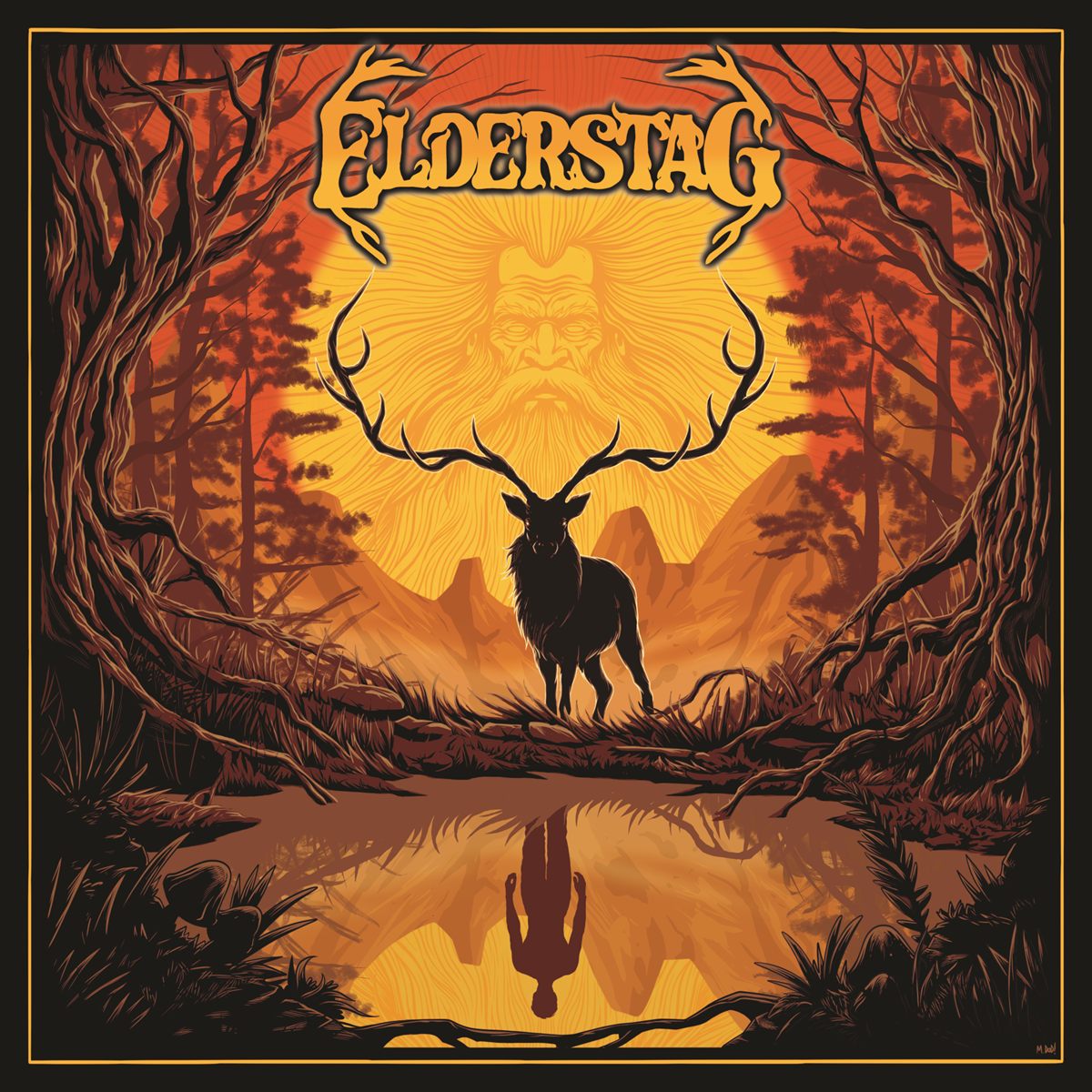 Elderstag album cover: a stag silhouetted before a sun-faced elder in a burning orange forest, its reflection a human figure
